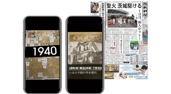 茨城新聞創刊130周年記念企画。ARで紙面が動き出す演出とともに過去の記事で茨城の歴史を振り返る